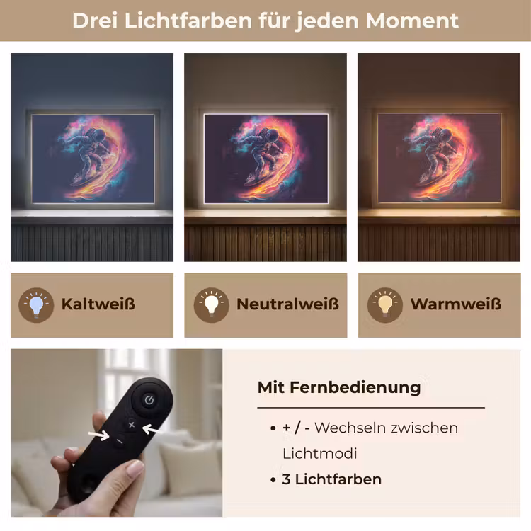 Astronaut - Ruimte - Surfen - Kleurrijk Light Box met batterij (Wandlamp kind) middel -USP_lichtkleurDE