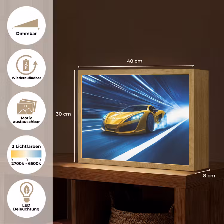 Auto - Geel - Race - Blauw Light Box met batterij (Wandlamp kind) middel -USP_websiteoverzichtDE