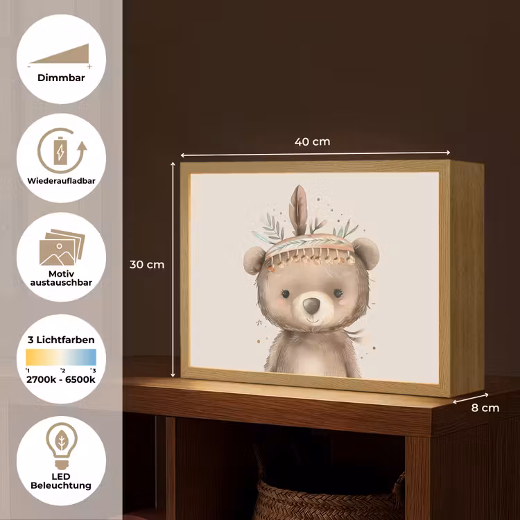 Beer - Boho - Indianentooi - Dieren Light Box met batterij (Wandlamp kind) middel -USP_websiteoverzichtDE