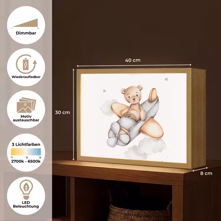 Beer - Vliegtuig - Sterren - Kinderen Light Box met batterij (Wandlamp kind) middel -USP_websiteoverzichtDE