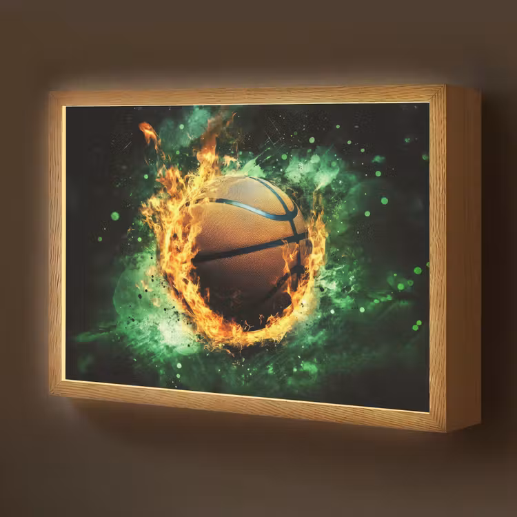 Basketbal - Vuur - Vlammen - Groen Light Box met batterij (Wandlamp kind) middel -z3d_website