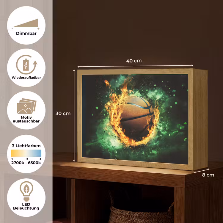 Basketbal - Vuur - Vlammen - Groen Light Box met batterij (Wandlamp kind) middel -USP_websiteoverzichtDE
