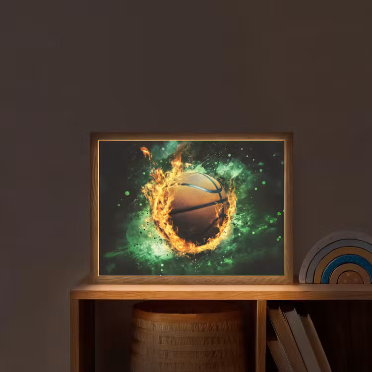Basketbal - Vuur - Vlammen - Groen Light Box met batterij (Wandlamp kind) middel -sfeer1_kind