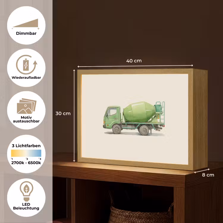Betonwagen - Illustratie - Groen - Minimalistisch Light Box met batterij (Wandlamp kind) middel -USP_websiteoverzichtDE