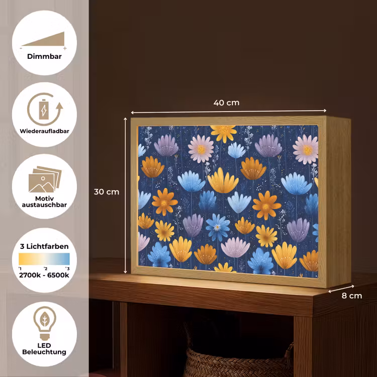 Bloemen - Patroon - Blauw - Contrast Light Box met batterij (Wandlamp kind) middel -USP_websiteoverzichtDE