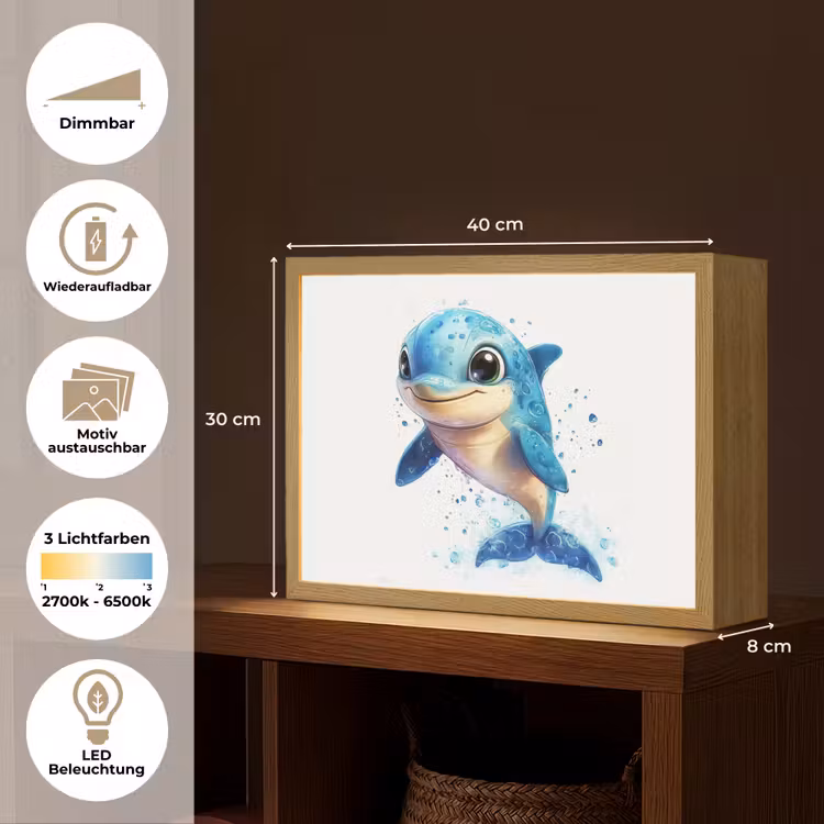 Dolfijn - Blauw - Water - Druppels Light Box met batterij (Wandlamp kind) middel -USP_websiteoverzichtDE