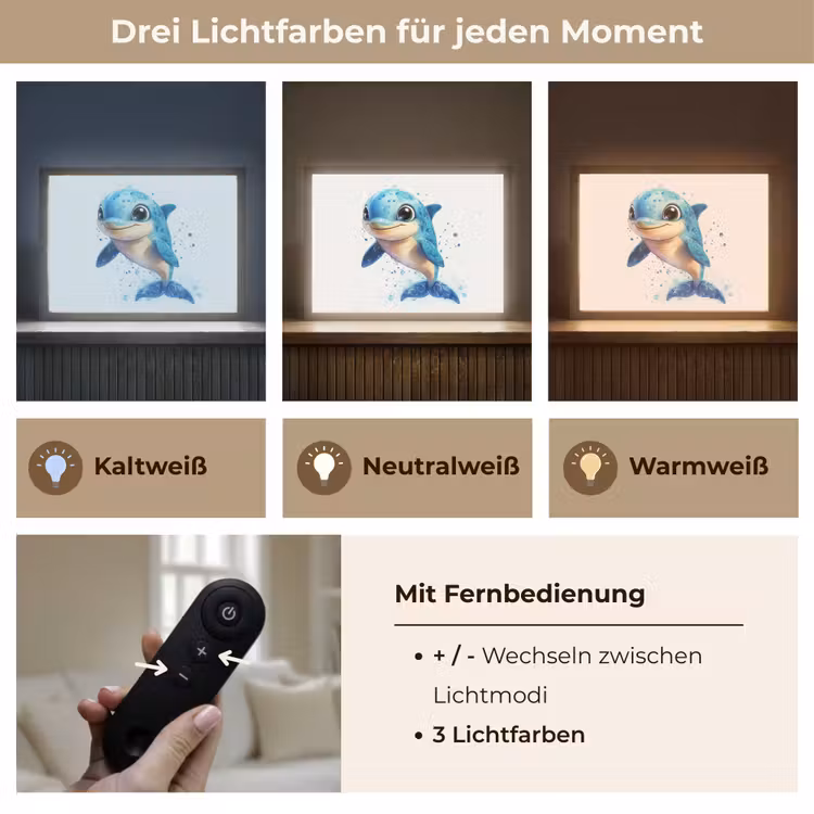 Dolfijn - Blauw - Water - Druppels Light Box met batterij (Wandlamp kind) middel -USP_lichtkleurDE