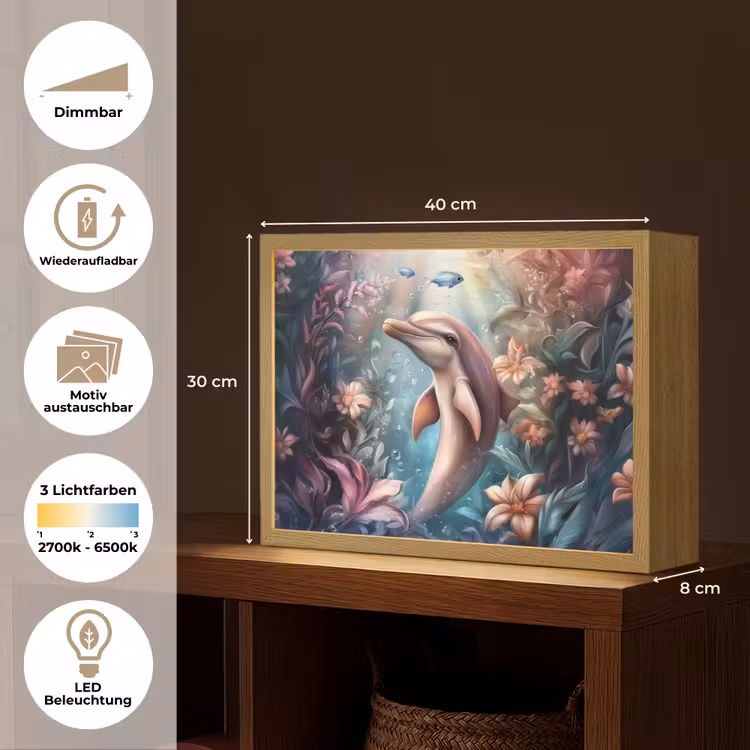 Dolfijn - Vissen - Onderwaterwereld - Bloemen Light Box met batterij (Wandlamp kind) middel -USP_websiteoverzichtDE