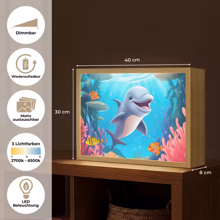 Dolfijn - Zeedieren - Onderwater - Kinderen - Meisjes Light Box met batterij (Wandlamp kind) middel -USP_websiteoverzichtDE