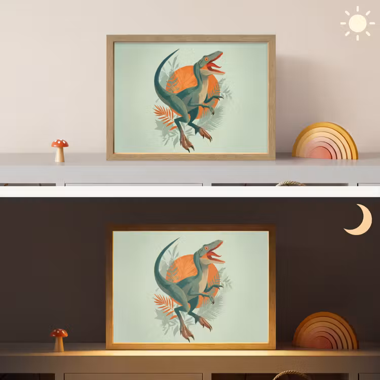 Dino - Bladeren - Grafisch - Groen Light Box met batterij (Wandlamp kind) middel -sfeer3_kind