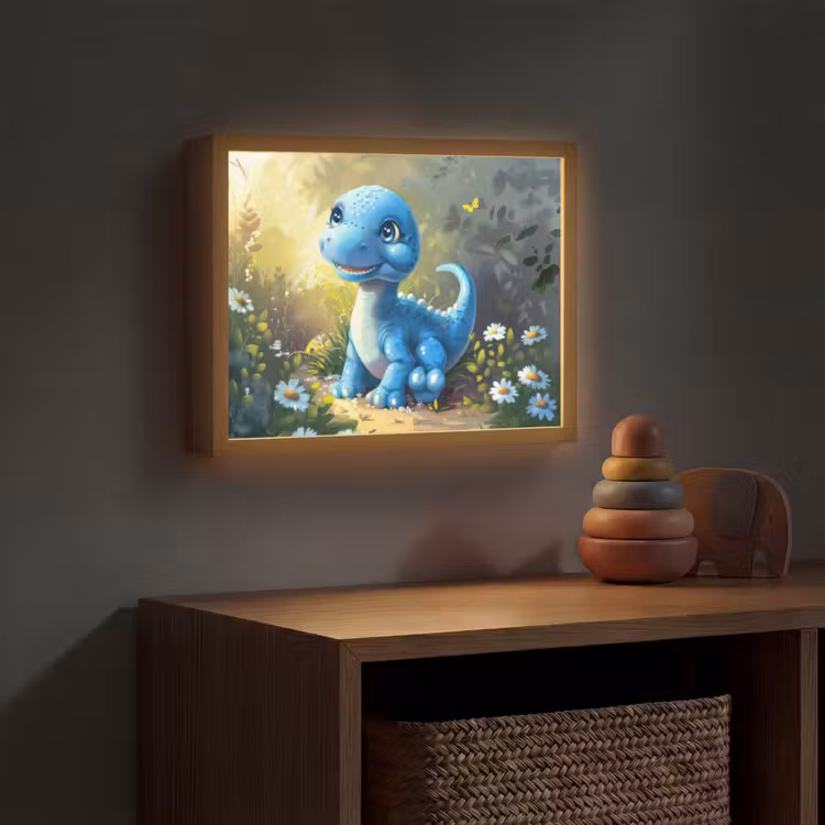 Dino - Blauw - Baby - Dinosaurus Light Box met batterij (Wandlamp kind) middel -sfeer5_kind