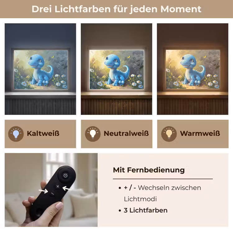 Dino - Blauw - Baby - Dinosaurus Light Box met batterij (Wandlamp kind) middel -USP_lichtkleurDE