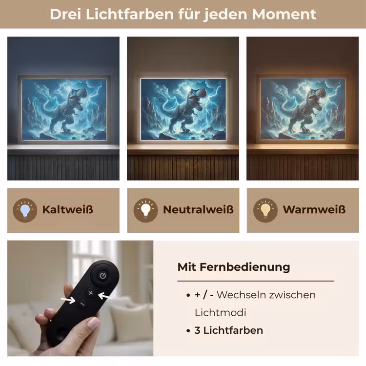 Dino - Blauw - Jongens Light Box met batterij (Wandlamp kind) middel -USP_lichtkleurDE