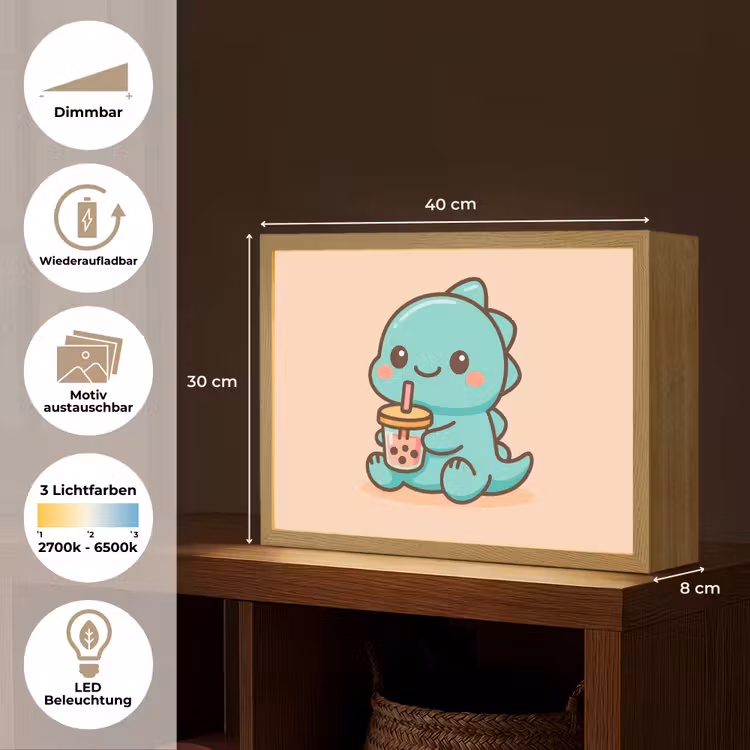 Dino - Boba - kawaii - Oranje Light Box met batterij (Wandlamp kind) middel -USP_websiteoverzichtDE