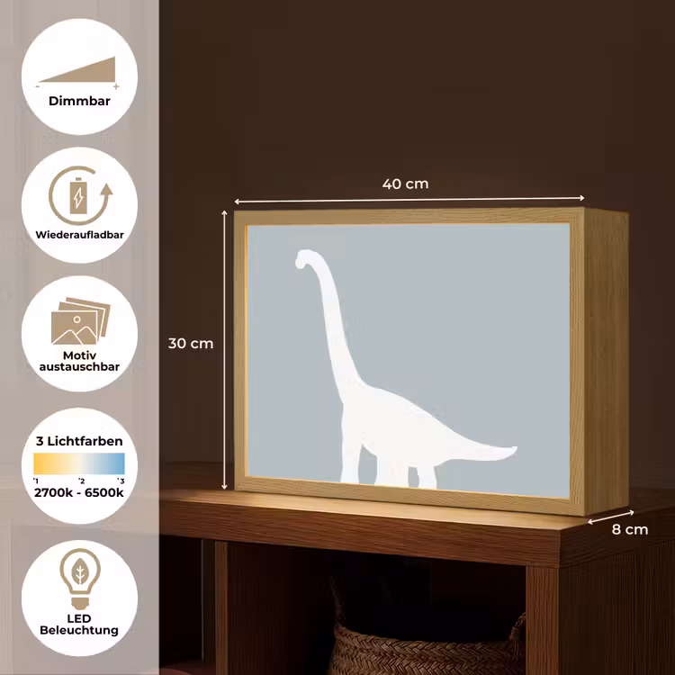 Dino - Brachiosaurus - Dinosaurus - Blauw Light Box met batterij (Wandlamp kind) middel -USP_websiteoverzichtDE