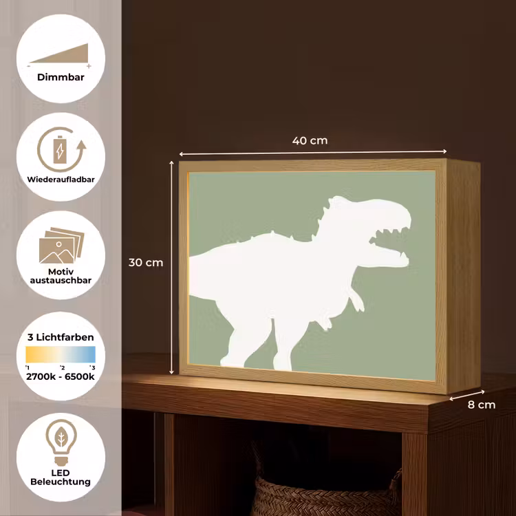 Dino - T-rex - Dinosaurus - Groen - Tyrannosaurus rex Light Box met batterij (Wandlamp kind) middel -USP_websiteoverzichtDE