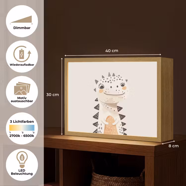 Dinosaurus - Pastel kleuren Light Box met batterij (Wandlamp kind) middel -USP_websiteoverzichtDE