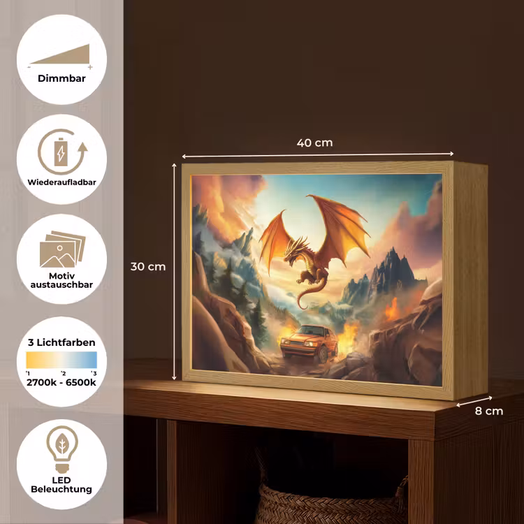 Draak - Auto - Bergen - Vuur Light Box met batterij (Wandlamp kind) middel -USP_websiteoverzichtDE