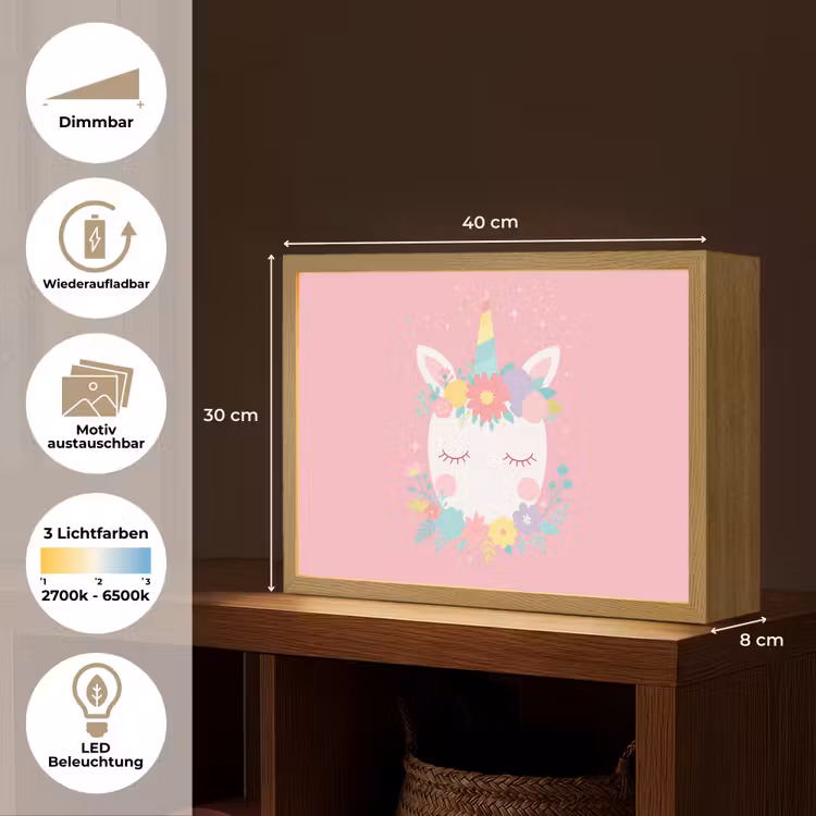Eenhoorn - Bloemen - Roze Light Box met batterij (Wandlamp kind) middel -USP_websiteoverzichtDE