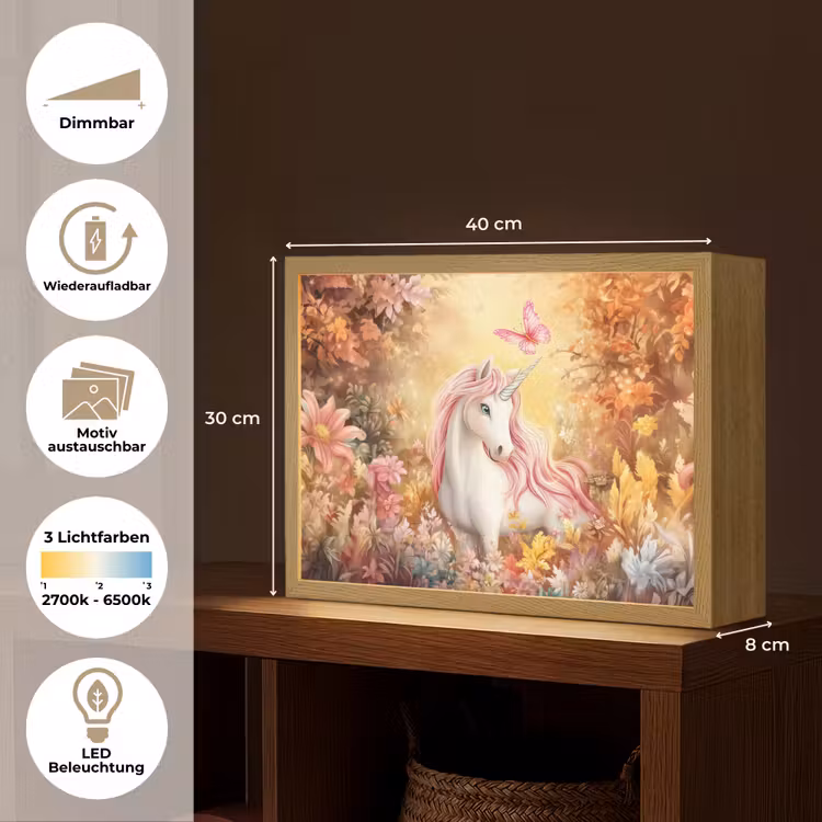 Eenhoorn - Bloemen - Vlinder - Roze Light Box met batterij (Wandlamp kind) middel -USP_websiteoverzichtDE