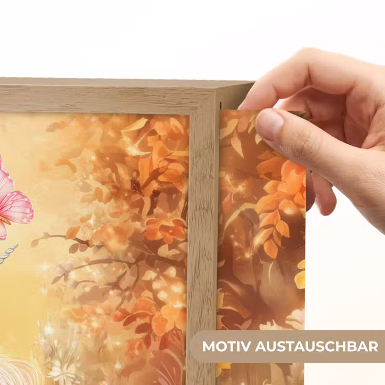 Eenhoorn - Bloemen - Vlinder - Roze Light Box met batterij (Wandlamp kind) middel -USP_websiteprintDE