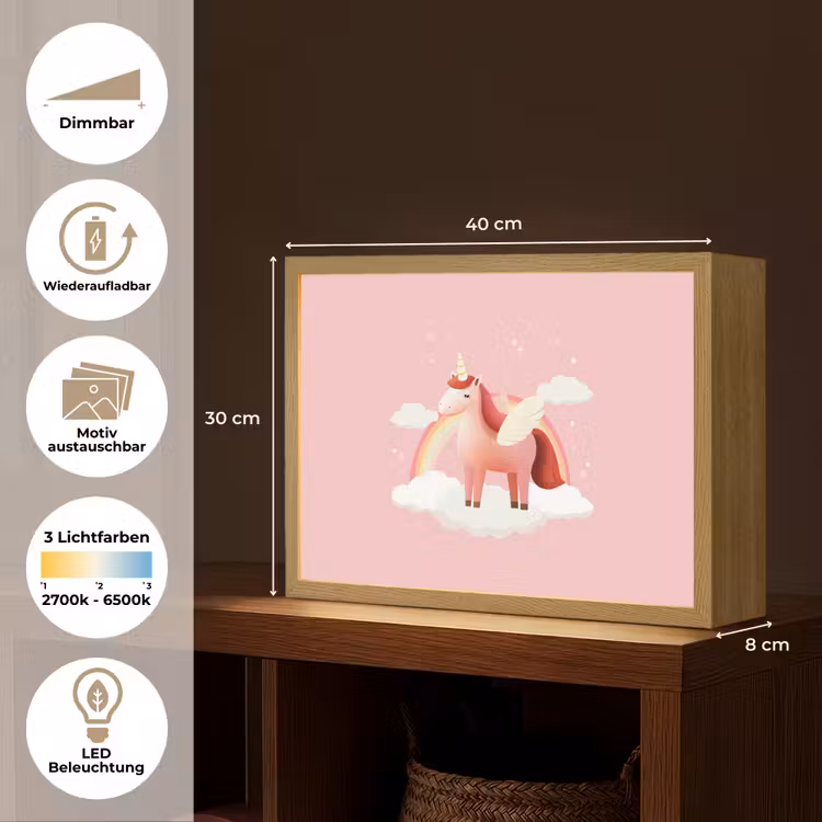 Eenhoorn - Vleugels - Roze - Regenboog Light Box met batterij (Wandlamp kind) middel -USP_websiteoverzichtDE