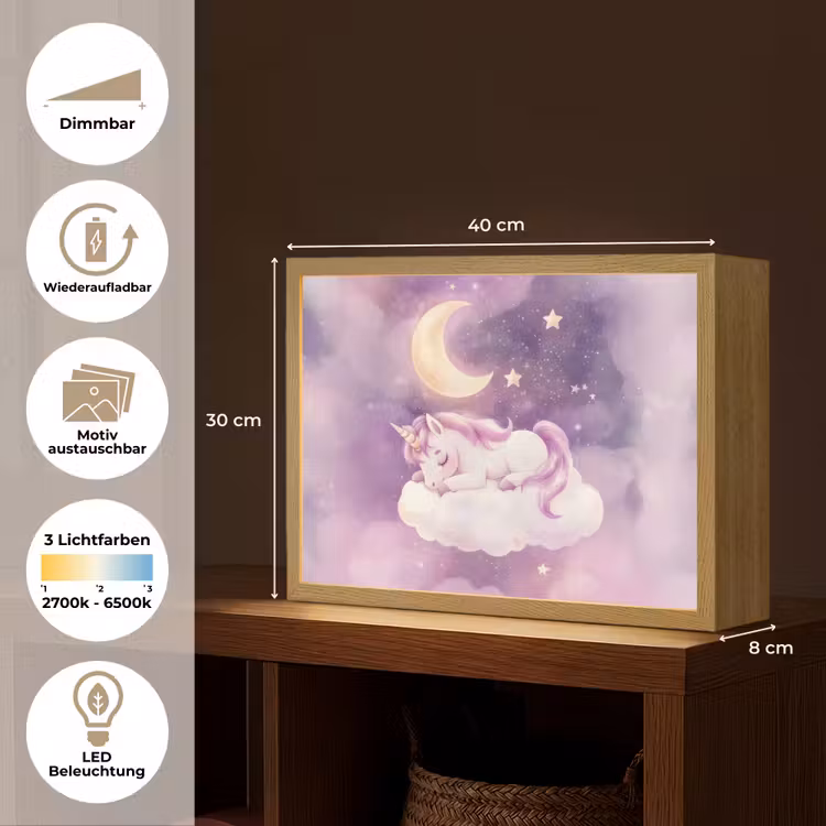 Eenhoorn - Paars - Sterrenhemel - Maan Light Box met batterij (Wandlamp kind) middel -USP_websiteoverzichtDE