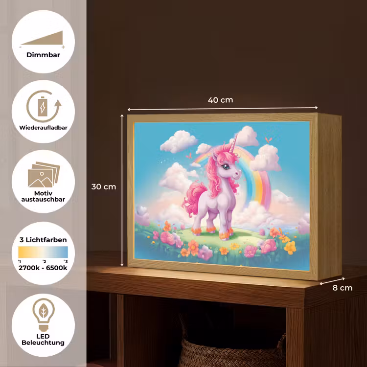 Unicorn - Meisjes - Bloemen - Regenboog - Eenhoorn Light Box met batterij (Wandlamp kind) middel -USP_websiteoverzichtDE