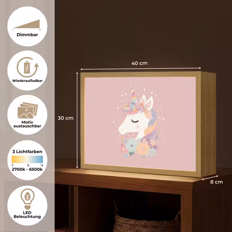 Eenhoorn - Roze - Bloemen Light Box met batterij (Wandlamp kind) middel -USP_websiteoverzichtDE