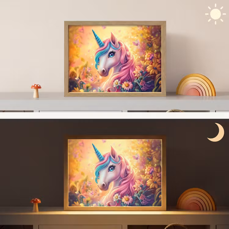 Eenhoorn - Roze - Kleurrijk - Sprookjesbos Light Box met batterij (Wandlamp kind) middel -sfeer3_kind