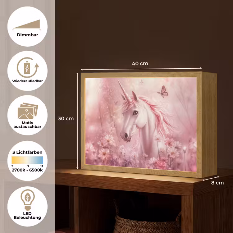 Eenhoorn - Roze - Vlinders - Bloemen Light Box met batterij (Wandlamp kind) middel -USP_websiteoverzichtDE