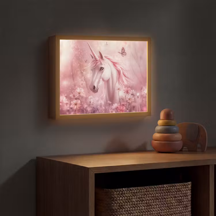 Eenhoorn - Roze - Vlinders - Bloemen Light Box met batterij (Wandlamp kind) middel -sfeer5_kind
