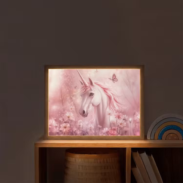 Eenhoorn - Roze - Vlinders - Bloemen Light Box met batterij (Wandlamp kind) middel -sfeer1_kind