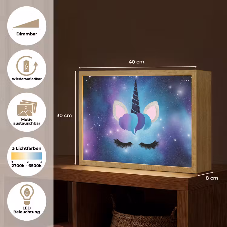 Eenhoorn - Sterren - Blauw Light Box met batterij (Wandlamp kind) middel -USP_websiteoverzichtDE