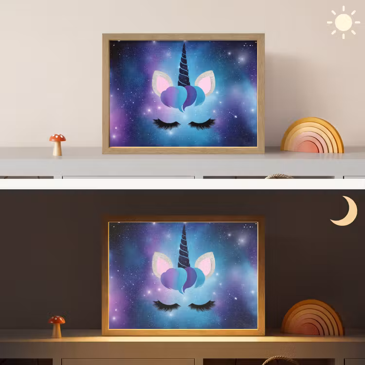 Eenhoorn - Sterren - Blauw Light Box met batterij (Wandlamp kind) middel -sfeer3_kind