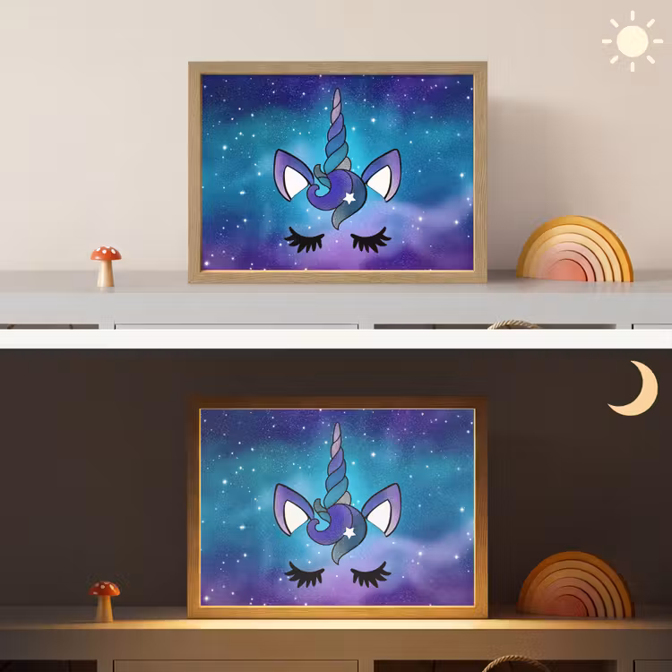 Eenhoorn - Sterrenhemel - Ster - Blauw Light Box met batterij (Wandlamp kind) middel -sfeer3_kind