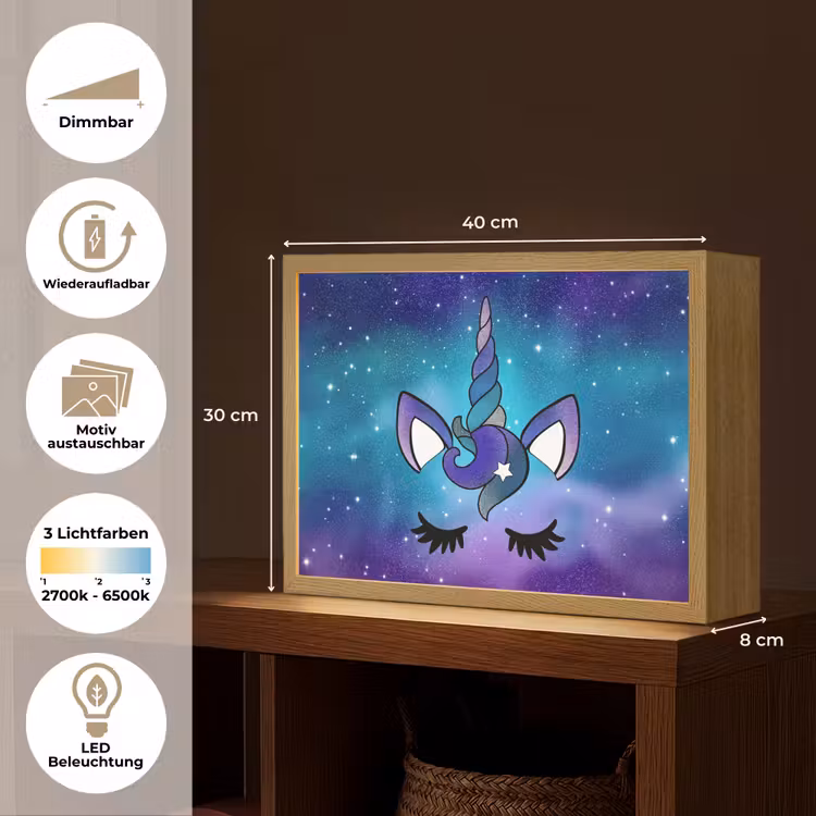 Eenhoorn - Sterrenhemel - Ster - Blauw Light Box met batterij (Wandlamp kind) middel -USP_websiteoverzichtDE