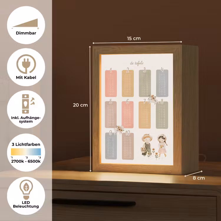 Tafels van vermenigvuldiging - Educatief - Leren rekenen voor kinderen - Cijfers oefenen - Boerderij Light Box met kabel (Wandlamp kind) klein -USP_overzichtDE
