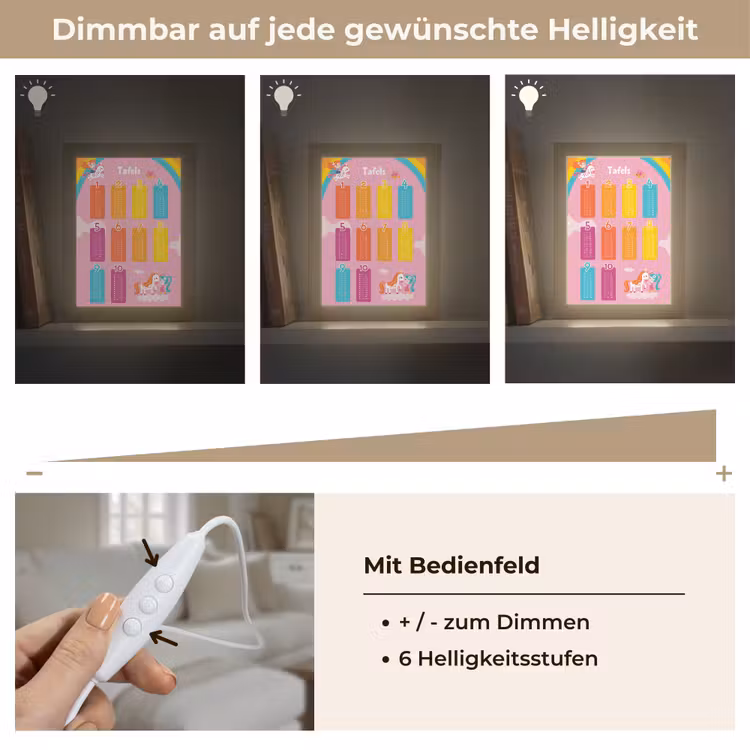 Tafels van vermenigvuldiging - Leren rekenen voor kinderen - Cijfers oefenen - Eenhoorn - Roze Light Box met kabel (Wandlamp kind) klein -USP_dimbaarDE