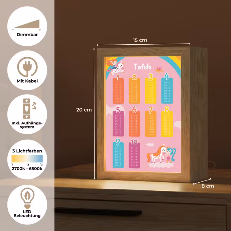Tafels van vermenigvuldiging - Leren rekenen voor kinderen - Cijfers oefenen - Eenhoorn - Roze Light Box met kabel (Wandlamp kind) klein -USP_overzichtDE