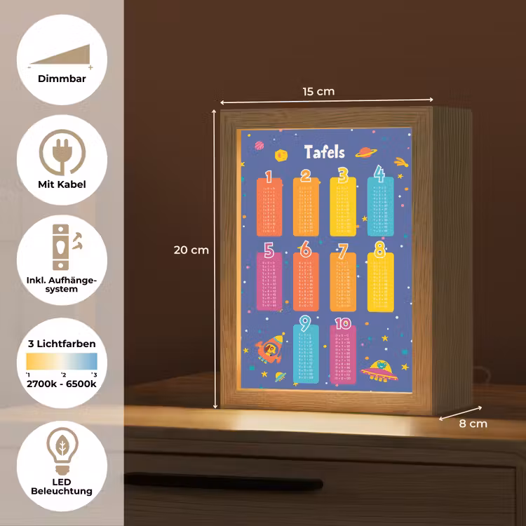 Tafels van vermenigvuldiging - Leren rekenen voor kinderen - Getallen oefenen - Ruimte Light Box met kabel (Wandlamp kind) klein -USP_overzichtDE