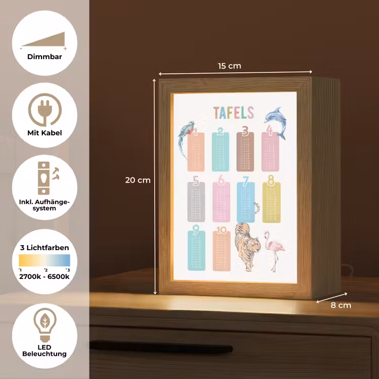 Tafels van vermenigvuldiging - Leren rekenen voor kinderen - Getallen oefenen - Dieren Light Box met kabel (Wandlamp kind) klein -USP_overzichtDE