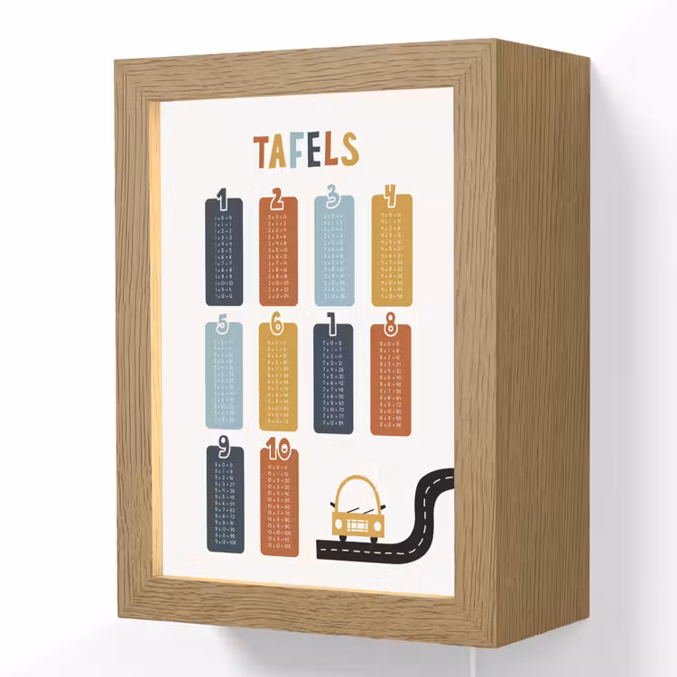 Tafels van vermenigvuldiging - Leren rekenen voor kinderen - Getallen oefenen - Cijfers - Auto Light Box met kabel (Wandlamp kind) klein -3d