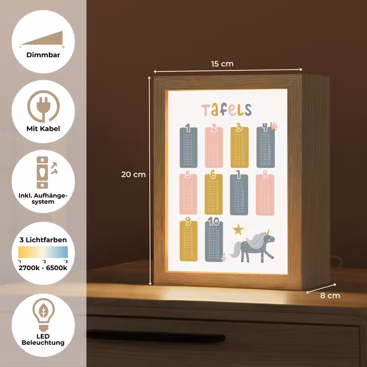 Tafels van vermenigvuldiging - Leren rekenen voor kinderen - Getallen oefenen - Cijfers - Eenhoorn Light Box met kabel (Wandlamp kind) klein -USP_overzichtDE