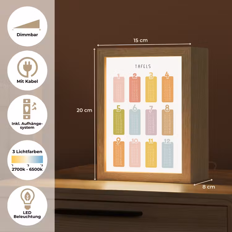 Tafels van vermenigvuldiging - Leren rekenen voor kinderen - Getallen oefenen - Cijfers - Kleuren Light Box met kabel (Wandlamp kind) klein -USP_overzichtDE
