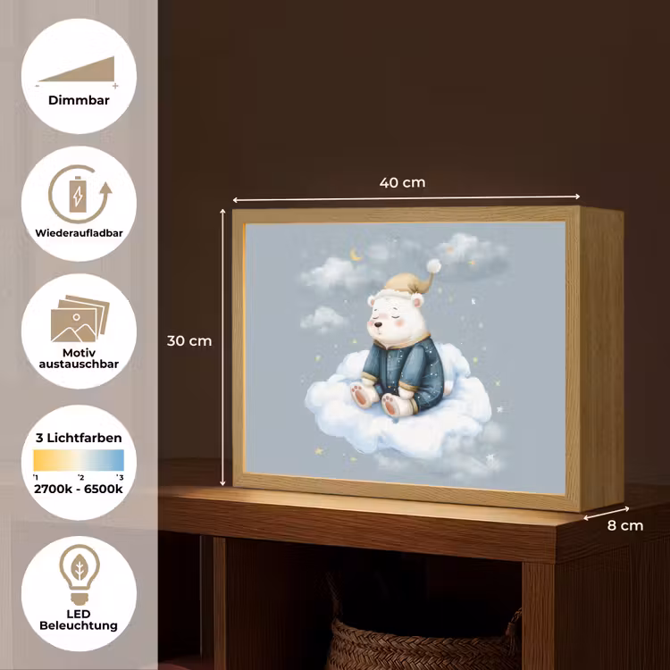 Ijsbeer - Pyjama - Wolken - Sterrenhemel Light Box met batterij (Wandlamp kind) middel -USP_websiteoverzichtDE