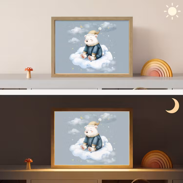 Ijsbeer - Pyjama - Wolken - Sterrenhemel Light Box met batterij (Wandlamp kind) middel -sfeer3_kind