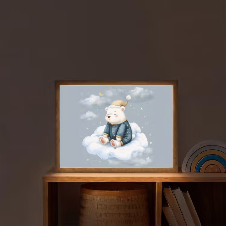 Ijsbeer - Pyjama - Wolken - Sterrenhemel Light Box met batterij (Wandlamp kind) middel -sfeer1_kind