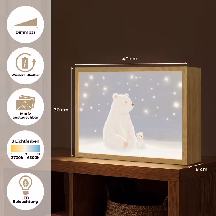 Ijsbeer - Sneeuw - Sterren - Blauw Light Box met batterij (Wandlamp kind) middel -USP_websiteoverzichtDE