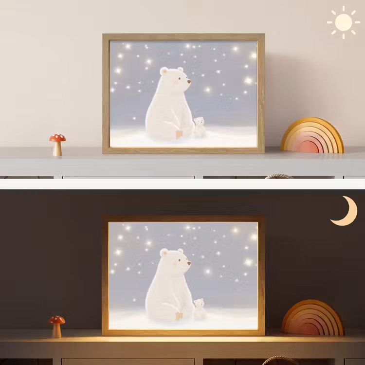 Ijsbeer - Sneeuw - Sterren - Blauw Light Box met batterij (Wandlamp kind) middel -sfeer3_kind